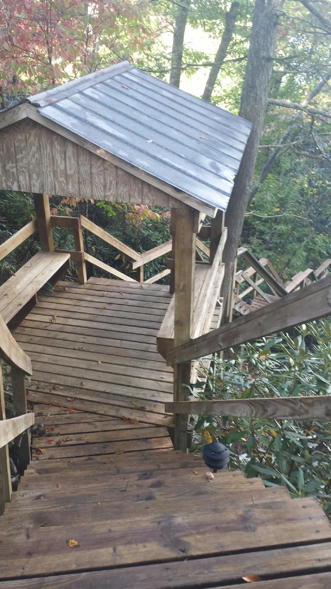 Metal roofed shelter over wooden steps on a wooded walkway — Skylight Repair & Installation work by our crew in South Vienna